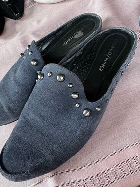 Donald J. Pliner Dark Blue Suede Studded Slip-On Mules